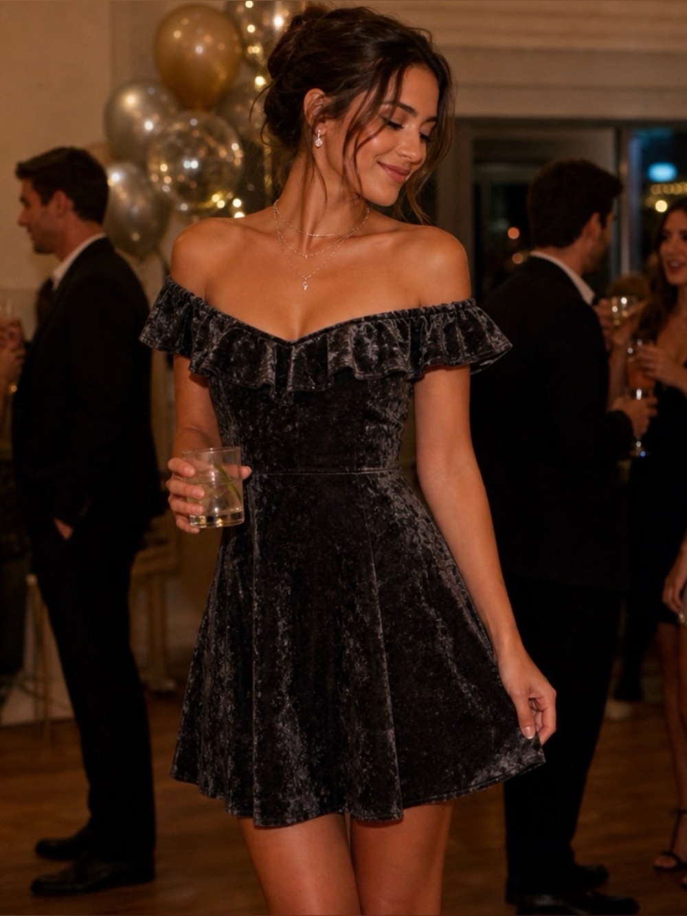 American Eagle Outfitters Velvet Ruffle Off-Shoulder Dress in Dark Charcoal